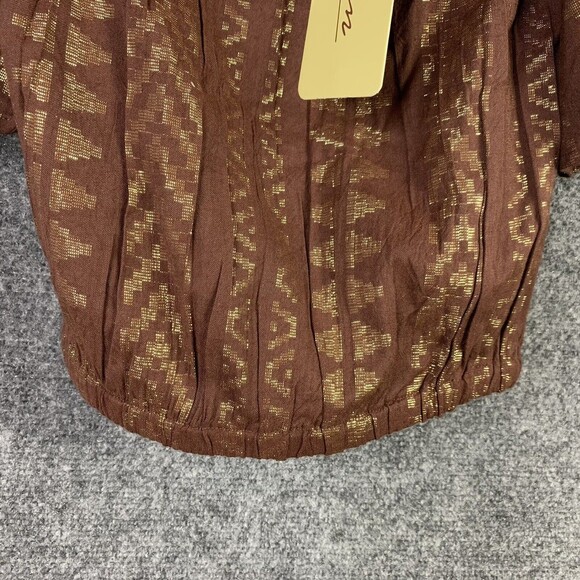 Elan Crop Top Women M Elastic Neck and Hem Short Flare Sleeve Brown Gold - Picture 4 of 11